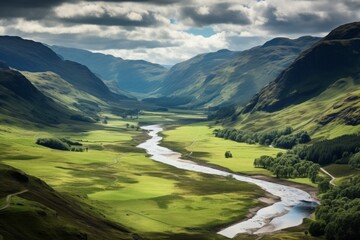 Remote highland valley with a winding river and cascading waterfalls nestled in lush greenery