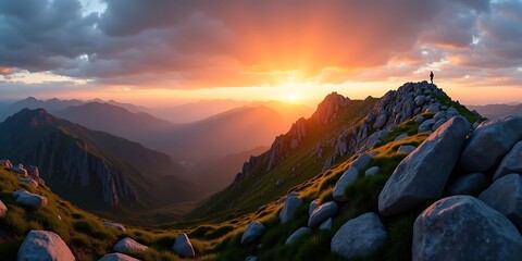 Panoramic Sunset Over Majestic Mountain Peaks with Lone Hiker