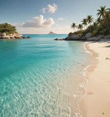 Fototapeta premium Golden sand, turquoise water, lush island backdrop, getaway, island