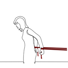 woman tied by wrists with red ribbon to something off-screen - one line art vector. concept bdsm role play, trapped, prisoner, unable to escape