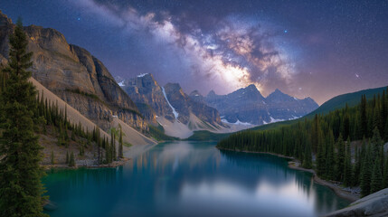 Stunning night view of a lake under a starry sky and mountains