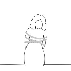 woman tied with thick rope across body, hands behind - one line art vector. concept prisoner, violent tied, tripped