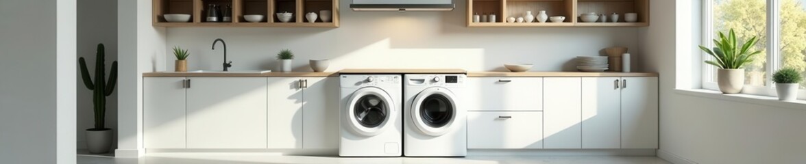 Sleek laundry room; white washer, cactus, open shelving, clean lines, contemporary