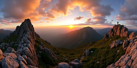Panoramic Sunset Over Majestic Mountain Peaks with Lone Hiker