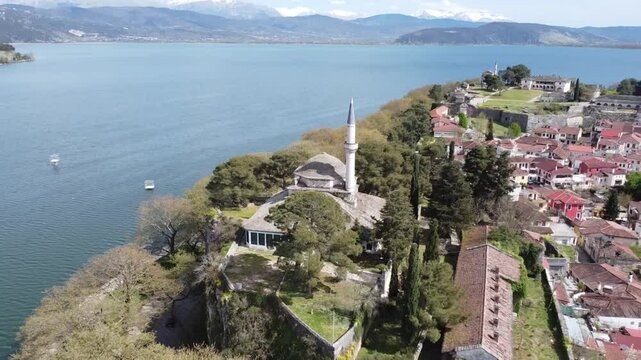 Ioannina Castle Town in Epirus Greece, Aerial Pullback Reveal Shot, Aslan Pasha and Lake Pamvotis View