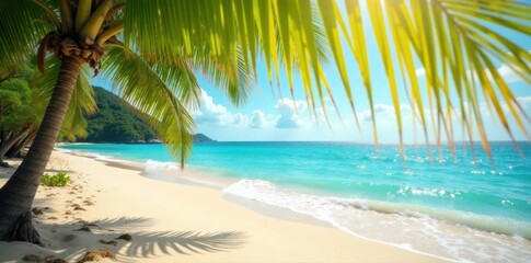 Obraz premium Sun-drenched beach, blurred palm leaves, golden sand, turquoise water , calm, tranquility