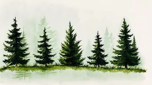 row of watercolor pine trees with grass field and foggy background illustration, nature scene