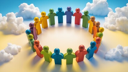 Circle of colorful wooden figurines are standing on a beige surface. community, teamwork, leadership, religion theme