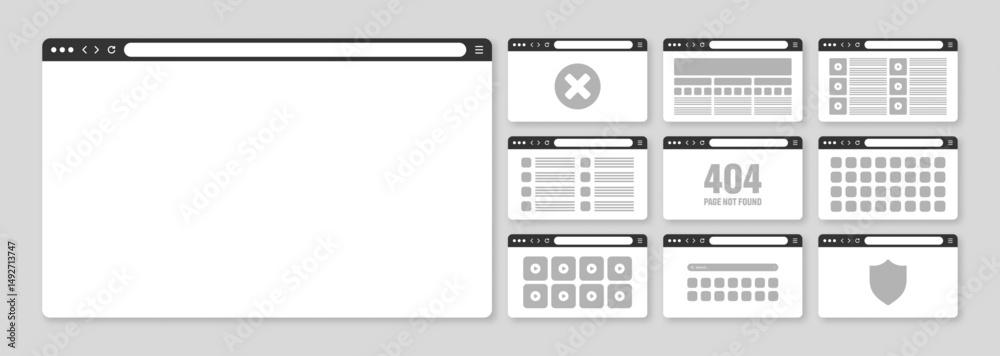 Fototapete Web browser window, pages layout with toolbar and search field. Modern website, internet page in flat style. Browser mockup for computer, tablet and smartphone. Adaptive UI. Vector illustration