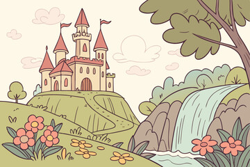 Fototapeta premium 188 fantasy landscape, stained glass castle, magical floating island, colorful flowers, lush foliage, cascading waterfall, whimsical, detailed, vibrant colors, digital art