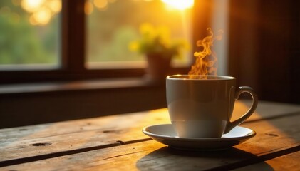 Obraz premium Weekend sunrise, steaming coffee mug on rustic table, comfort, relax, wooden table