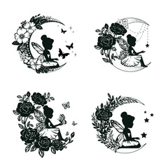 Silhouette of a fairy with flowers and moon. Vector illustration isolated on white background.