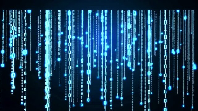Digital descent. Glowing blue binary code streams down against a dark backdrop
