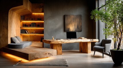 Modern Minimalist Office Design - Natural Wood Desk with LED Strip Lighting, Gray Chairs and Green Plant Decor