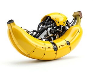Yellow Banana Cyborg with Exposed Mechanical Parts on a White Background