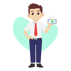 a businessman holds a phone in her hand shows a check mark or an approve sign symbol on the phone and smiles. Flat vector illustration.