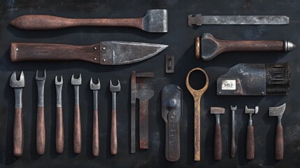 Antique Tools Collection: A 3D Render of Vintage Handcrafted Carpentry and Metalworking Instruments