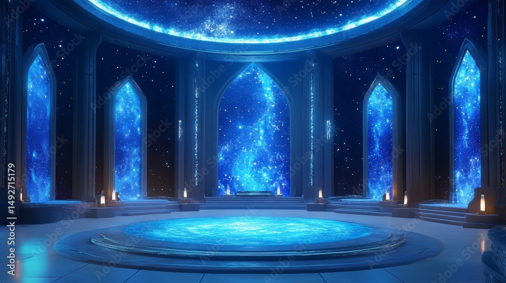 Poster futuristic circular hall with glowing blue nebula windows and a central platform.