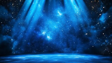 Mystical blue nebula scene with spotlight beams and starry night sky background.