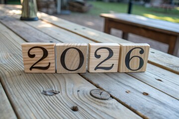 Wooden blocks spelling out the year twenty twenty six on a wood table