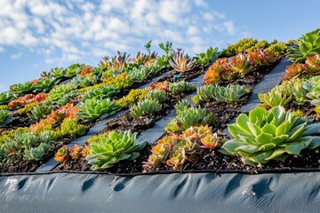 Geometric grid of succulent plants on green roof system with membrane base for sustainable urban design