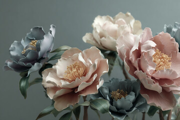 Close-up of pastel-colored peonies, showcasing soft pink, peach, and gray hues.  The image evokes elegance, serenity, and natural beauty, ideal for design or dÃ©cor