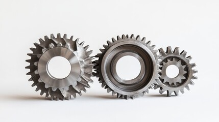 Three metallic gears interlocked, isolated on white background.