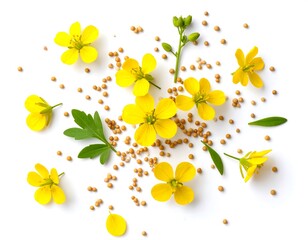 Overhead Composition Of Yellow Wildflowers And Seeds On White Isolated Background