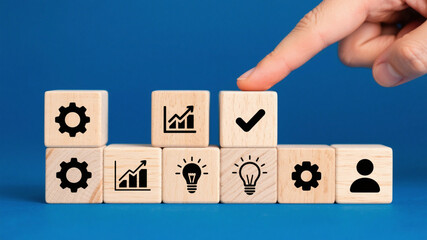Quality control and certification process concept. A hand places wooden block with checkmark icon in step-by-step symbolizing process of document review, checklist, approval, and quality certificate