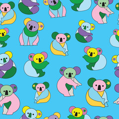 Obraz premium Colorful koala bear pattern on blue background. Seamless pattern background.