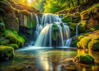 Fototapeta premium Vintage Small Waterfall Photography: Gushing Stream, Rustic Nature Scene, Scenic Cascade