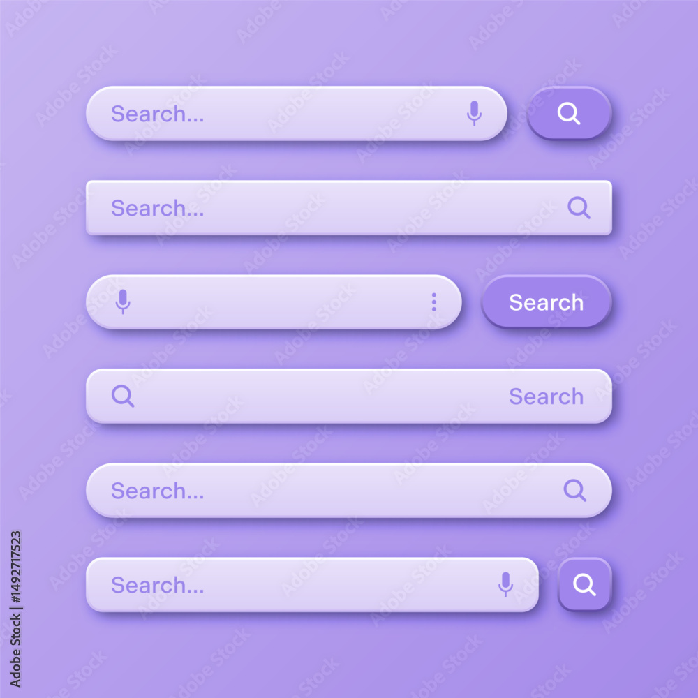 Fototapete Colorful 3d search bar templates. Internet browser engine with search box, address bar and text field. UI design, website interface element with web icons and push button. Vector illustration