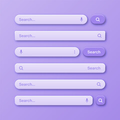 Colorful 3d search bar templates. Internet browser engine with search box, address bar and text field. UI design, website interface element with web icons and push button. Vector illustration