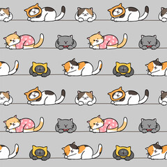 Seamless Pattern with Cute Cartoon Cat Design on Grey Background. Hand Drawn Vector Illustration.