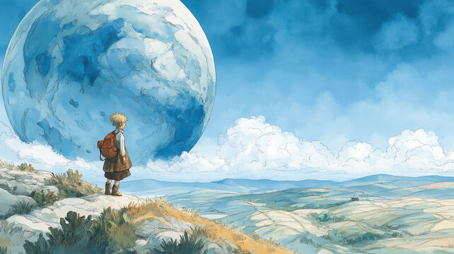 幻想的な自然と冒険の少年の旅路｜地球のような球体と空に包まれたファンタジー風景｜不思議な森と雲に浮かぶ世界を描いた美しいイラスト素材