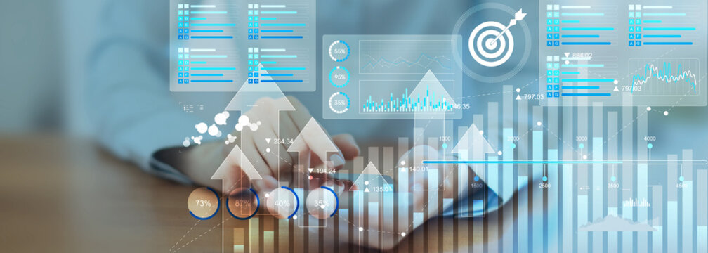 Business Intelligence and Data Analytics Dashboard on a Digital Tablet Interface.
