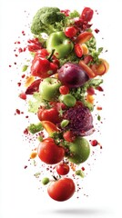 Fresh Produce Cascade Still Life: Colorful Fruits and Vegetables in Mid-Air on White Backdrop for Healthy Eating Concept
