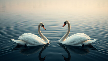Fototapeta premium Two Graceful Swans Forming a Heart Shape on Calm Water Surface