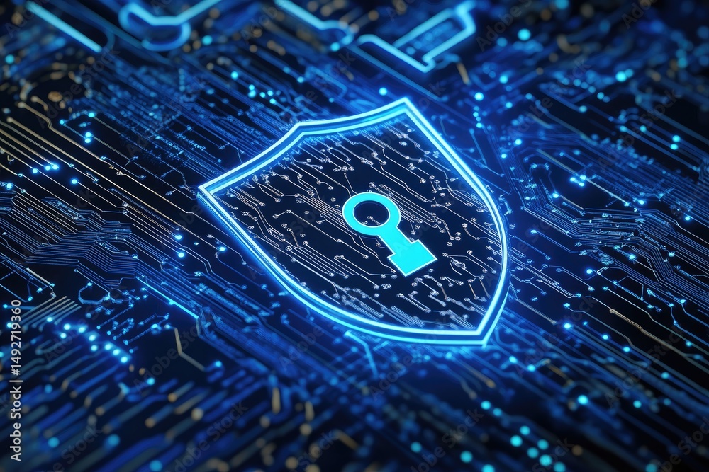 Poster a close-up view of a digital shield symbolizing security. set against a backdrop of intricate circui