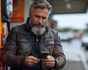 Mature man using phone at gas station