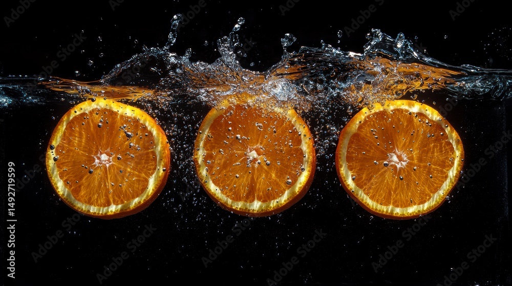 Aufkleber Three orange slices submerged in water, creating dynamic splashes against a black background.
