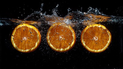 Three orange slices submerged in water, creating dynamic splashes against a black background.