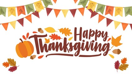 Happy thanksgiving banner design. Thanksgiving teks lettering. Thanksgiving with colorful autumn leaves