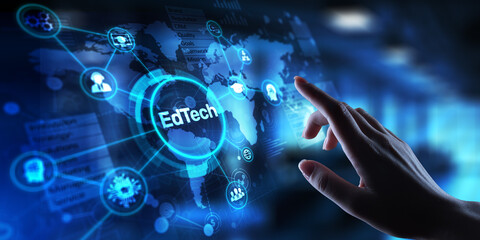 EdTech Educational Technology Enhancing Learning Through Digital Tools, projection on a virtual screen, Business and Technology Concept.