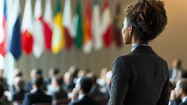 African woman in business attire stands before audience and international flags at conference event