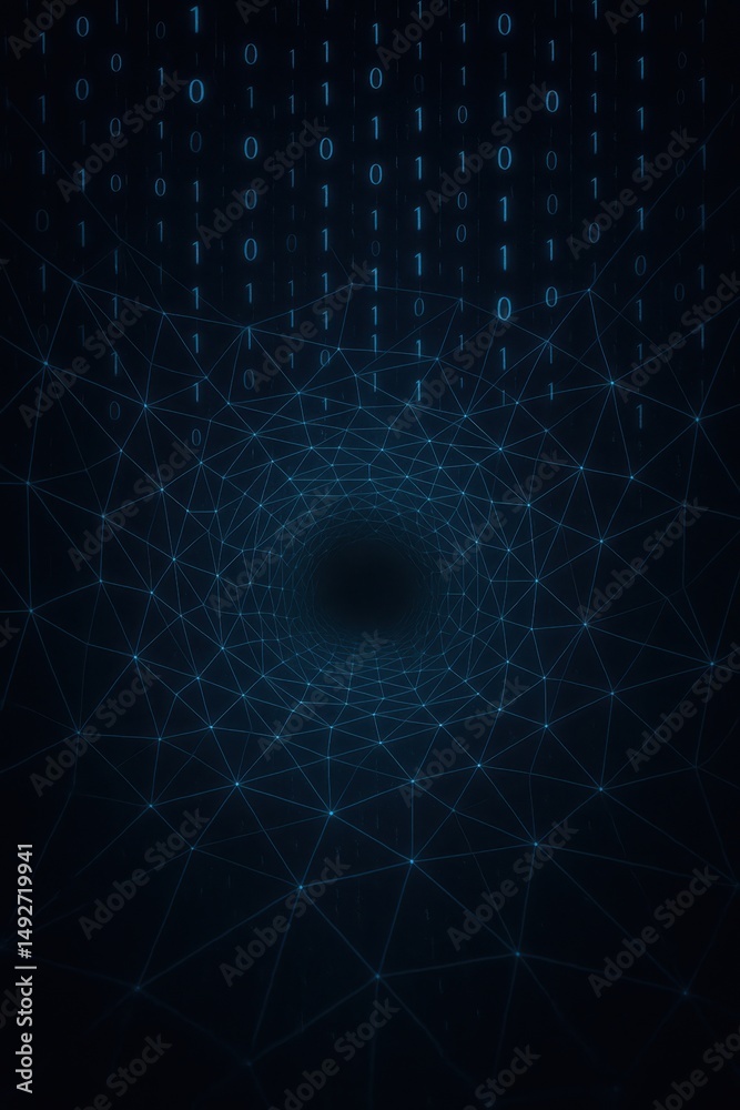 Poster emerging from the depths of a digital realm, binary numbers cascade into a glowing network of interc
