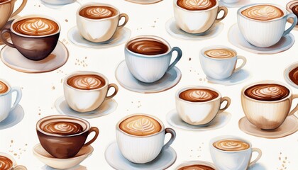 watercolor seamless pattern of white cups with coffee illustration for your design pastel colors