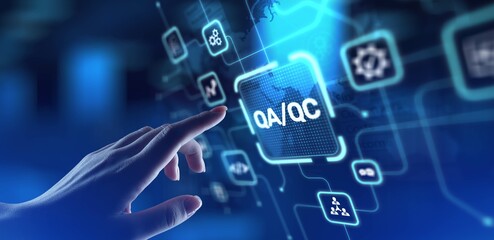 QA QC Quality Assurance and Quality Control for Product Excellence, projection on a virtual screen, Business and Technology Concept.