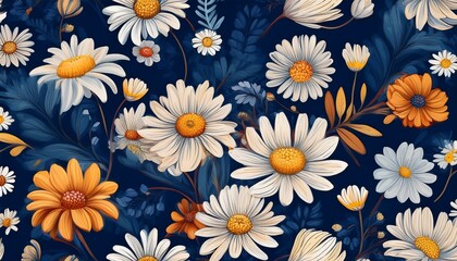 floral daisies seamless pattern navy blue background