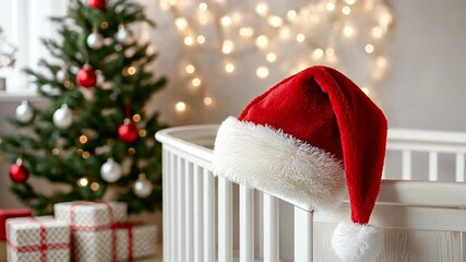 Festive christmas scene with santa hat on a crib and decorated tree in background. - Powered by Adobe